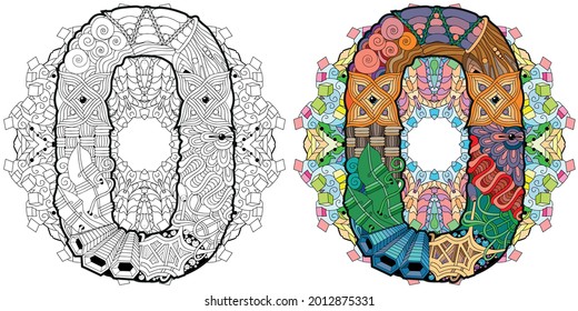 Hand-painted art design. Illustration mandala with numero zero. Colored and outline set