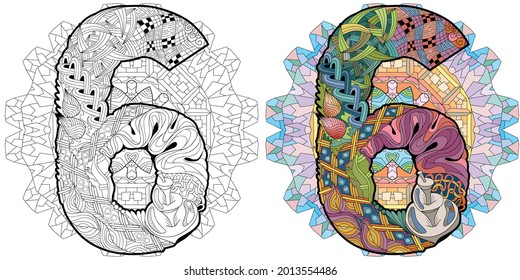 Hand-painted art design. Illustration mandala with numero six. Colored and outline set