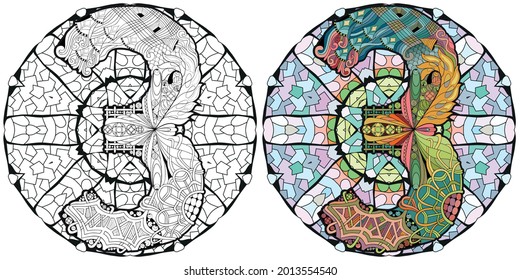 Hand-painted art design. Illustration mandala with numero three. Colored and outline set