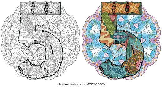 Hand-painted art design. Illustration mandala with numero five. Colored and outline set