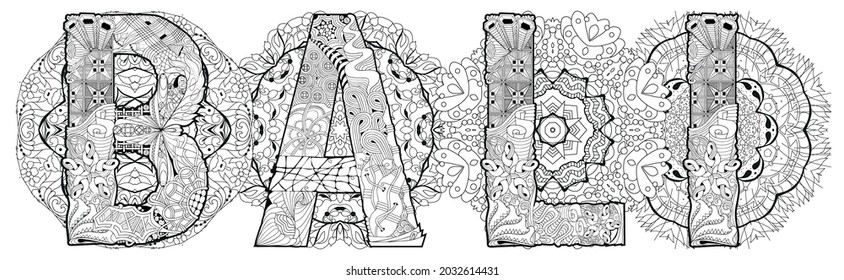 Hand-painted art design. Illustration word BALI with mandalas for coloring, t-shirt design, tattoo and other decorations