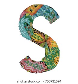 Hand-painted art design. Letter S zentangle object.