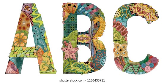 Hand-painted art design. Letters A, B, C zentangle objects