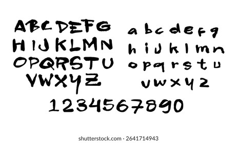 Hand-painted art numbers and capital letters alphabet A-Z, created with black acrylic and rough brush. Vector alphabet with unique, expressive, textured style.