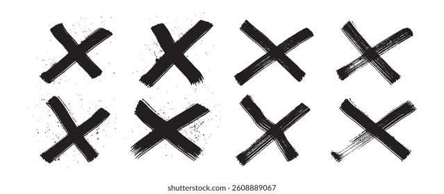 Hand-Painted Black X Marks Set – Brushstroke Cross Symbols Isolated on Transparent Background	