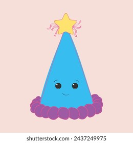 A hand-painted blue cone-shaped birthday hat with a star on top. The hat is festive and celebratory, perfect for a birthday party or special occasion