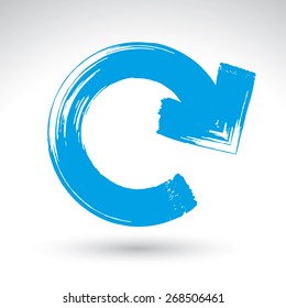 Hand-painted blue update sign isolated on white background, simple repeat navigation icon, created with real hand drawn ink brush, scanned and vectorized. Refresh multimedia symbol.