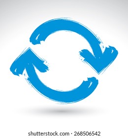 Hand-painted blue update sign isolated on white background, simple hand drawn repeat navigation icon. Brush drawing refresh multimedia symbol.
