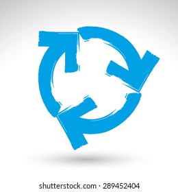 Signo de actualización azul pintado a mano aislado en fondo blanco, icono de navegación simple repetida, creado con pincel de tinta dibujado a mano real, escaneado y vectorizado. Refrescar símbolo.