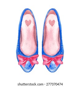 Hand-painted blue watercolor high heel shoes. Isolated vector illustration.