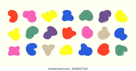 Hand-painted bright color organic freeform naive vector rounded liquid shapes. Amoeba-shaped childish brush texture blotches set. Isolated hand-drawn stamp bg. Kids logo, label, emblem design elements