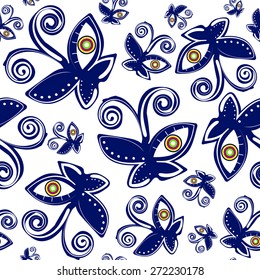 hand-painted butterflies with eyes seamless blue and white background vector