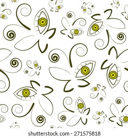 hand-painted butterflies with eyes seamless white and green background vector