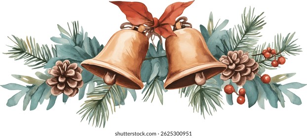 A hand-painted Christmas bell illustration decorated with pinecones, holly berries, and evergreen leaves, perfect for holiday cards, posters, and packaging design.