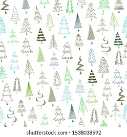  Hand-painted christmas trees seamless texture. Abstract colourful fir-tree.  Christmas Trees. 