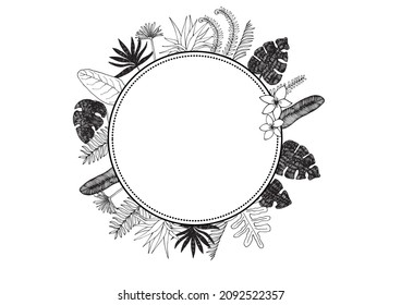 Hand-painted circular botanical frame with a rough ink-like touch