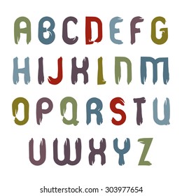 Hand-painted colorful capital letters isolated on white background, vintage uppercase art script, vector hand drawn acrylic font.