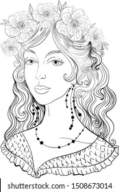 Hand-painted coloring page with a beautiful girl in a wreath of flowers. Anti-stress coloring book for adults