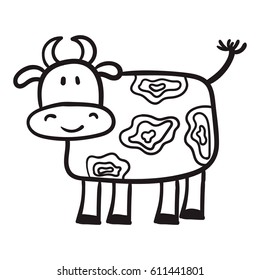 From the hand-painted cow in a cartoon style, the primitive subjects of agriculture, black contour on white background.