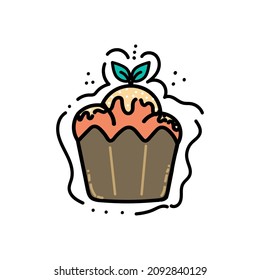 Hand-painted cupcake. Dessert. Cream, sweets. Icon with logo. Chocolate muffin. Bakery products. Doodle style vector.
