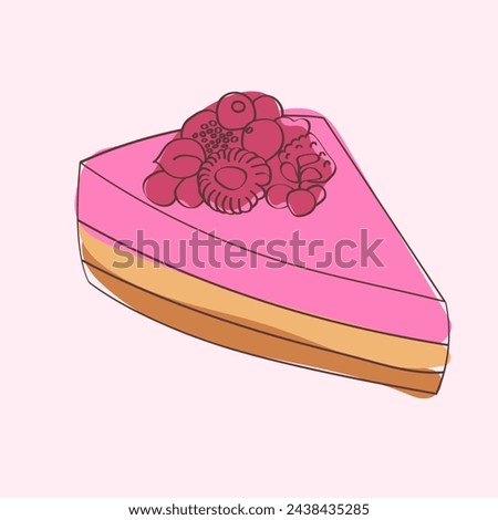 A hand-painted doodle of a delectable piece of cake topped with fresh, vibrant berries. The cake is frosted and decorated with a generous amount of assorted berries, enhancing its visual appeal