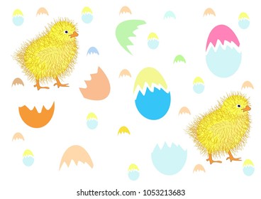 Hand-painted Easter background hatched chickens from eggs with a multi-colored skarloup from an egg on a white background