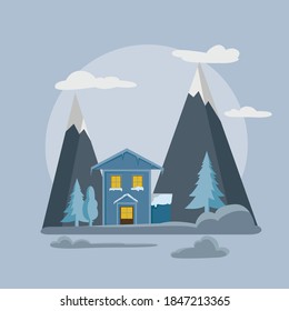 The hand-painted flat image of winter house in the wood.