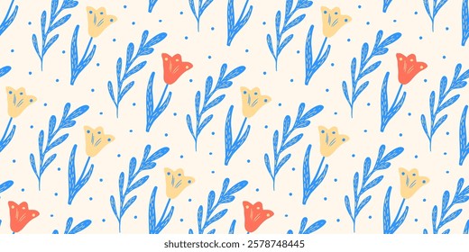 A hand-painted floral pattern with Scandinavian-style tulips. A bright pattern for children's textiles, wrapping paper, and women's clothing.