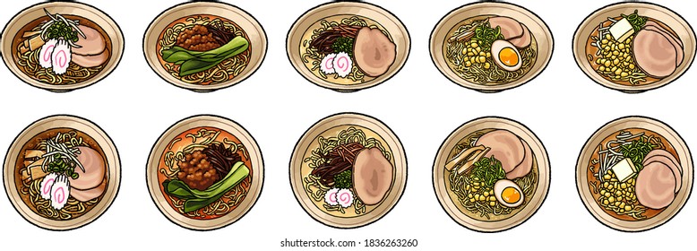 [Hand-painted food illustration] Illustration set of various ramen