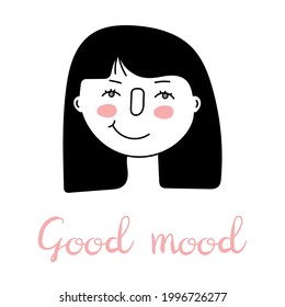 Icono de chica pintada a mano con inscripción Buen humor. Avatar mujer feliz con una sonrisa. Doodle.Se puede cambiar el color de la cara. Aislado. Ilustración del vector