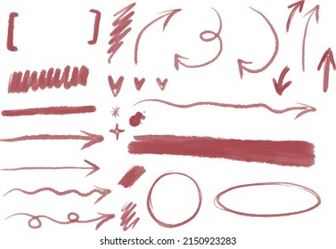 Handpainted grunge watercolor pencil chalk colorful set of illustrations of sketches, arrows, hearts and circles. Ideal for print, collage, scrap booking, stickers, graphic design and other projects.