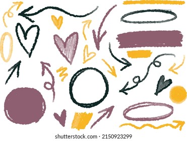 Handpainted grunge watercolor pencil chalk colorful set of illustrations of sketches, arrows, hearts and circles. Ideal for print, collage, scrap booking, stickers, graphic design and other projects.