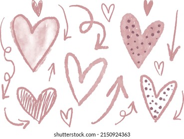 Handpainted grunge watercolor pencil chalk colorful set of illustrations of cute love Valentine’s day hearts and circles. Ideal for print, collage, scrap booking, stickers, graphic design.