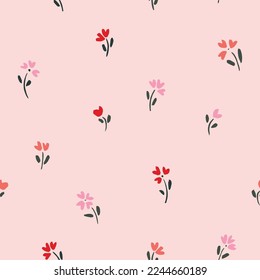 Flores pintadas a mano en forma de corazón en rojo, coral y rosa-bebé sobre un fondo rosa claro. Ideal para decoración casera, tela, papel pintado, envoltura de regalo, papelería y proyectos de diseño.
