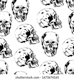 Hand-painted Human skull vector illustration at ink style. Seamless pattern