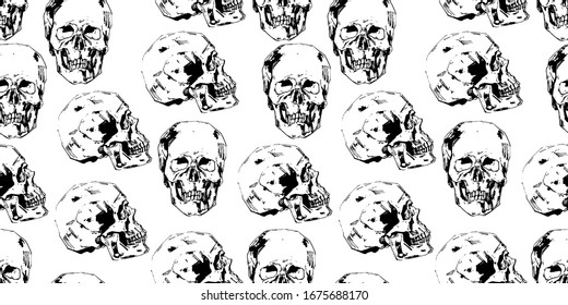 Hand-painted Human skull vector illustration at ink style. Seamless pattern. Banner