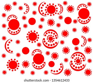 Hand-painted Indian-style ornament with round elements and a semicircle of the month in red on a white background
