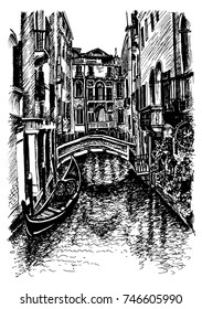 hand-painted landscape, traced image of the streets of Venice, Italy, water channel with a bridge, a gondola and European houses, drawing strokes and lines.