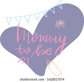 hand-painted lettering,mommy to be, pink letters on a light background, hearts,and stars, pastel colors, you can use this illustration for invitation cards, posters and festive decorations