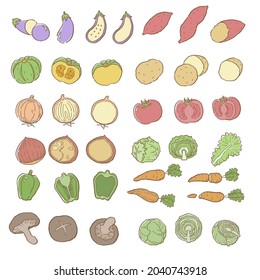Hand-painted line art color vector illustration set of vegetables