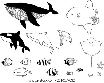 Hand-painted monochrome cute sea creatures