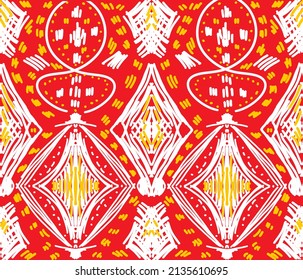 Hand-painted multicolored patterns on a red background.