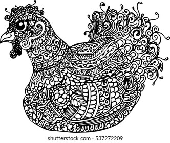 Hand-painted patterns chicken vector illustration. Farm animals, Vintage engraving style. Sketch of a chicken portrait isolated on white background.