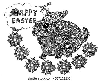 Hand-painted patterns with Easter Bunny vector illustration. Farm animals, Vintage engraving style. Sketch of a Bunny with flowers portrait isolated on white background