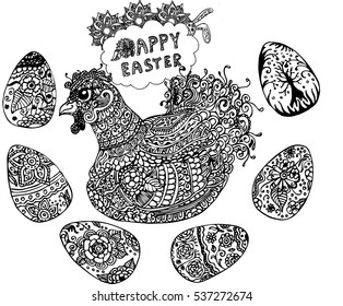 Hand-painted patterns Easter chicken vector illustration. Farm animals, Vintage engraving style. Sketch portrait of a chicken with Easter eggs isolated on white background.