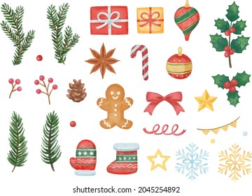 Hand-painted picture book-like cute Christmas illustration set ornaments, fir leaves, etc.