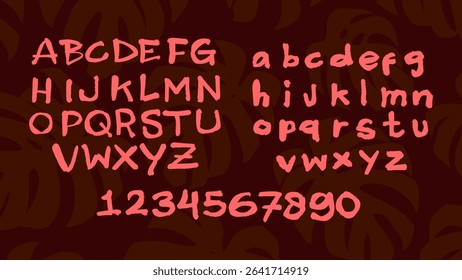 Hand-painted pink font on dark maroon backdrop with subtle monstera leaf in light maroon. Bold, tropical, and creative vector lettering style.