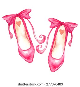 Hand-painted pink watercolor high heel shoes. Isolated vector illustration.