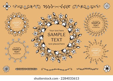 Conjunto de marco decorativo circular de planta pintada a mano, ilustración vectorial