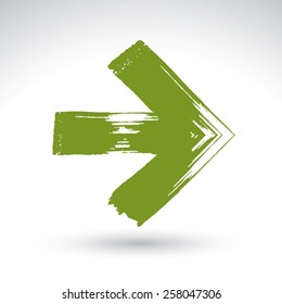 Hand-painted play sign isolated on white background, simple green play icon, created with real hand drawn ink brush scanned and vectorized, green multimedia symbol.